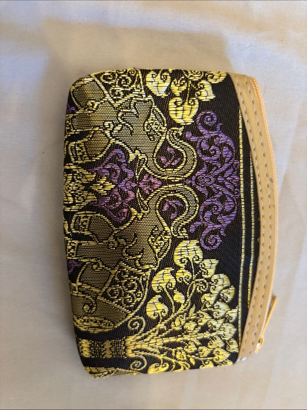Traditional Thai Black and Gold Brocade Cosmetic Coin Pouch with Purple Detail
